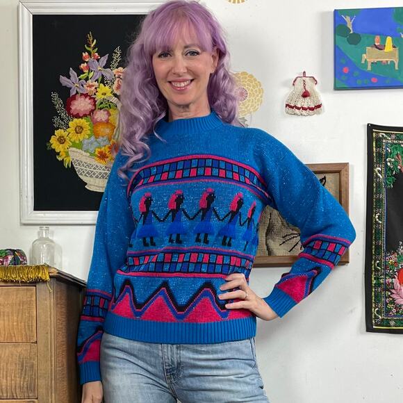 Vintage Metallic Novelty Sweater, 1980s Paper Doll Lady Pullover, Sz L-XL - Picture 1 of 12